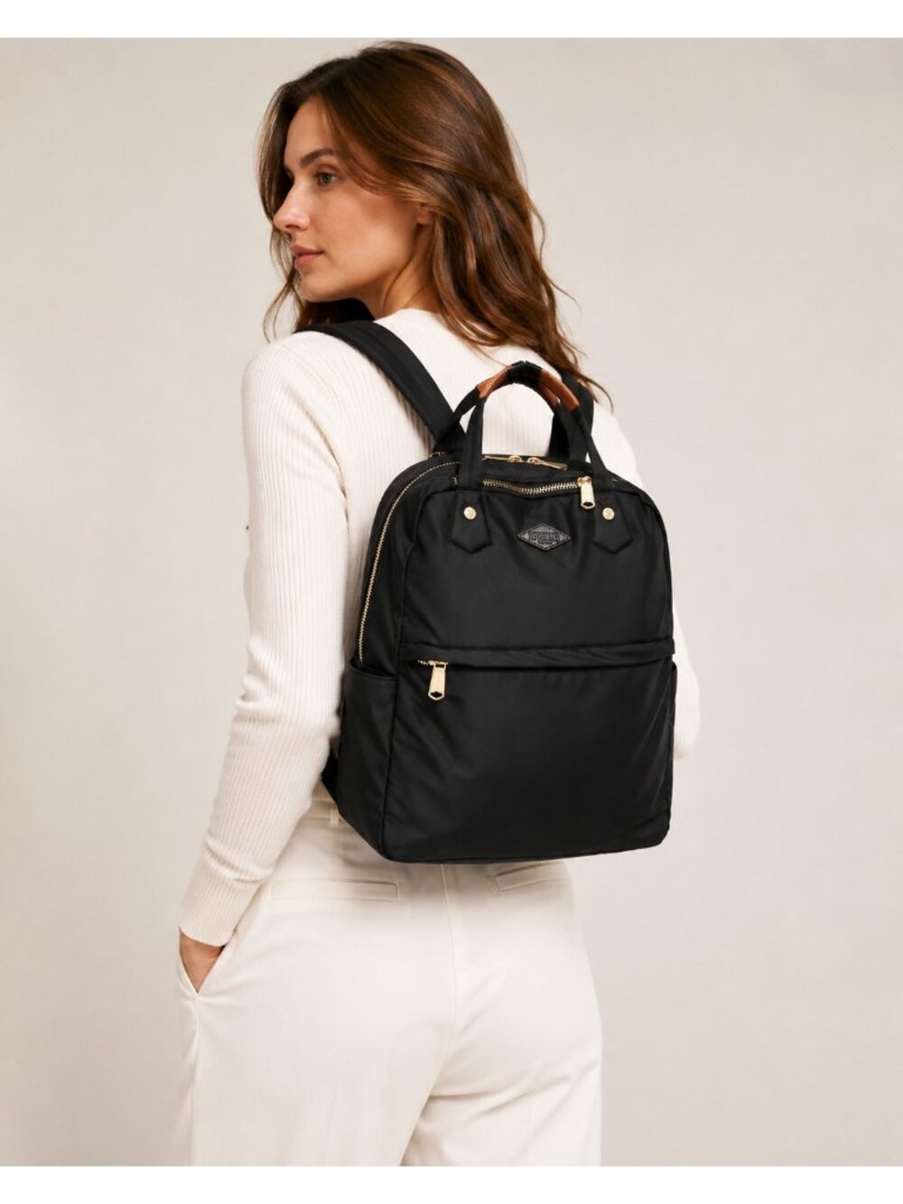MZ Wallace Black Nylon Backpack Gold Hardware Leather Trim Red Lining